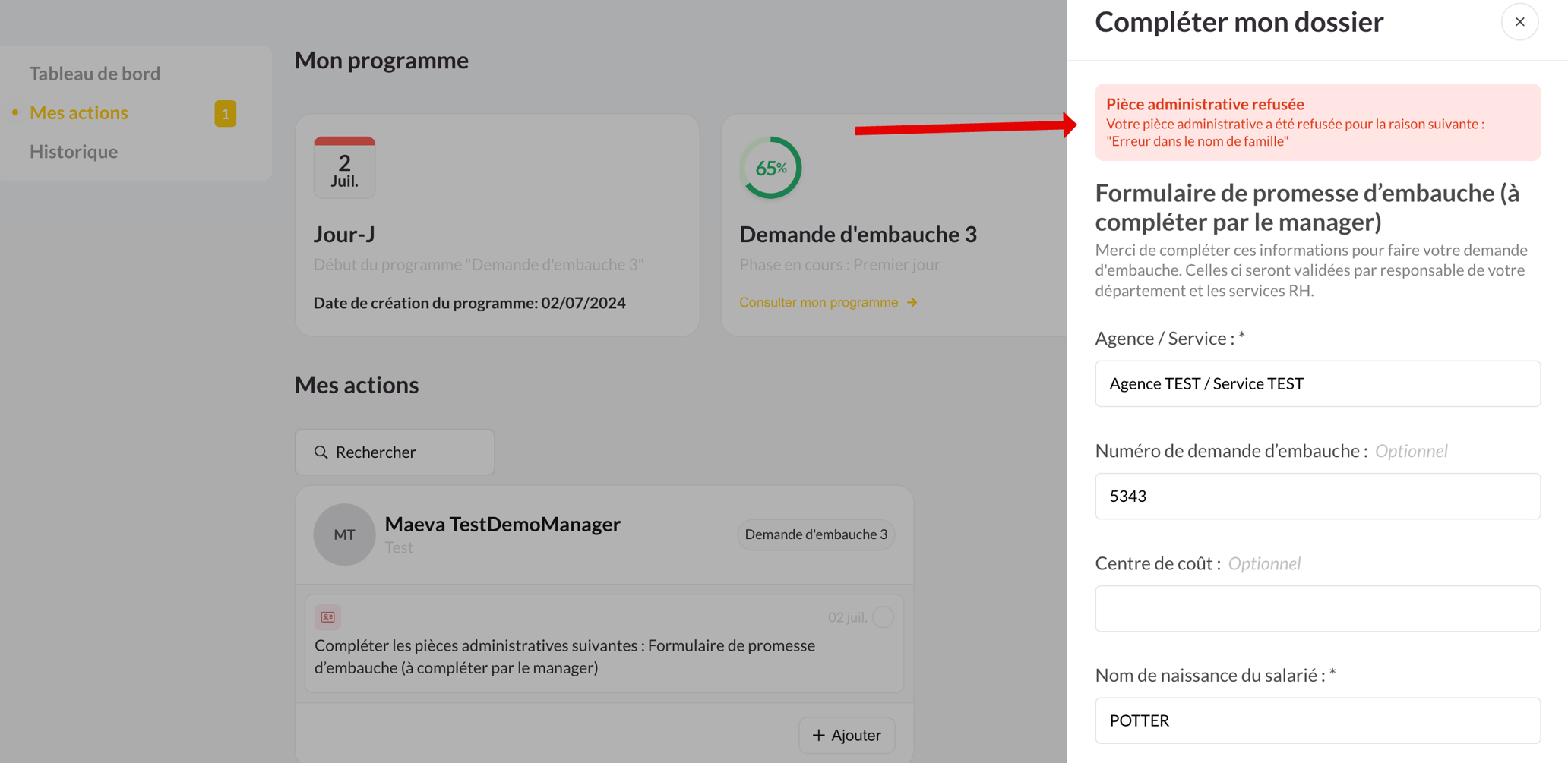 Notification email en cas de refus de validation d'une pièce administrative